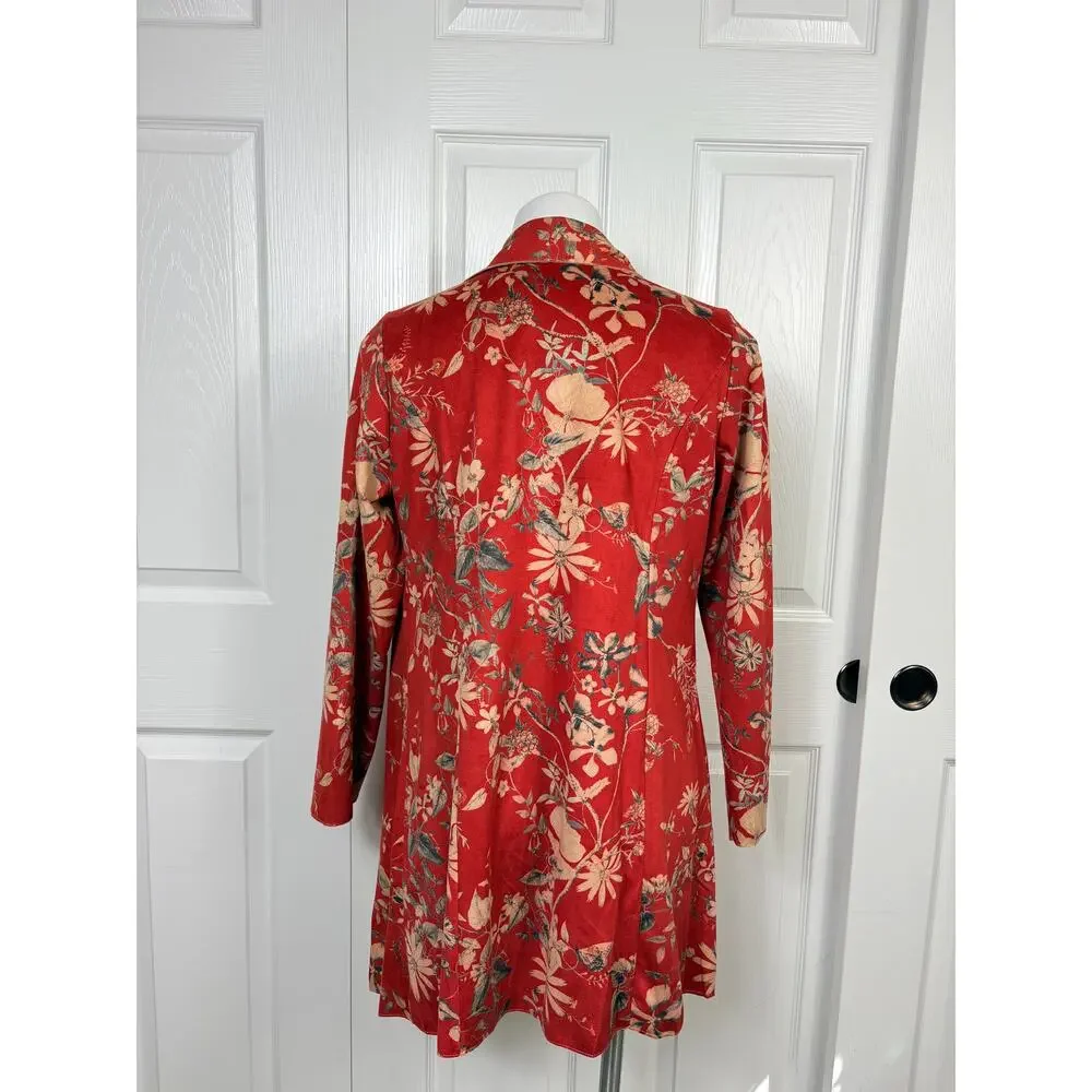Solitaire Faux Suede Open Front Cardigan Orange Red Floral Size M